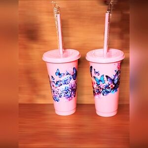 2 pc butterfly flowers Tumbler with straw ( New)